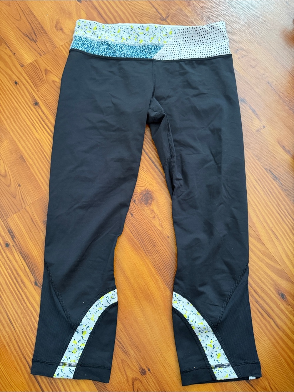lululemon athletica Black Capri Leggings with Printed Waistband and Hem Panels